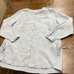 J. Jill Love Linen Shirt Sz L White & Blue 100% Linen Button Up Top Blouse